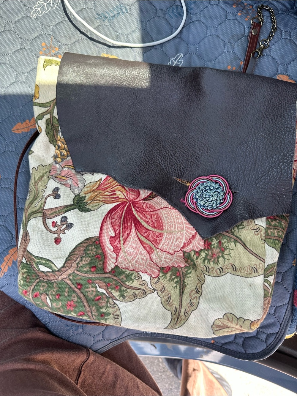 Floral Canvas & Dark Brown Leather Crossbody Bag